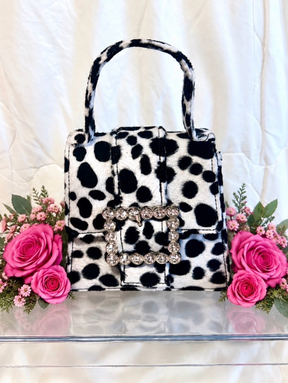 Sugar Thrillz Black and White Dalmatian-Print Top-Handle Bag with Crystal Buckle